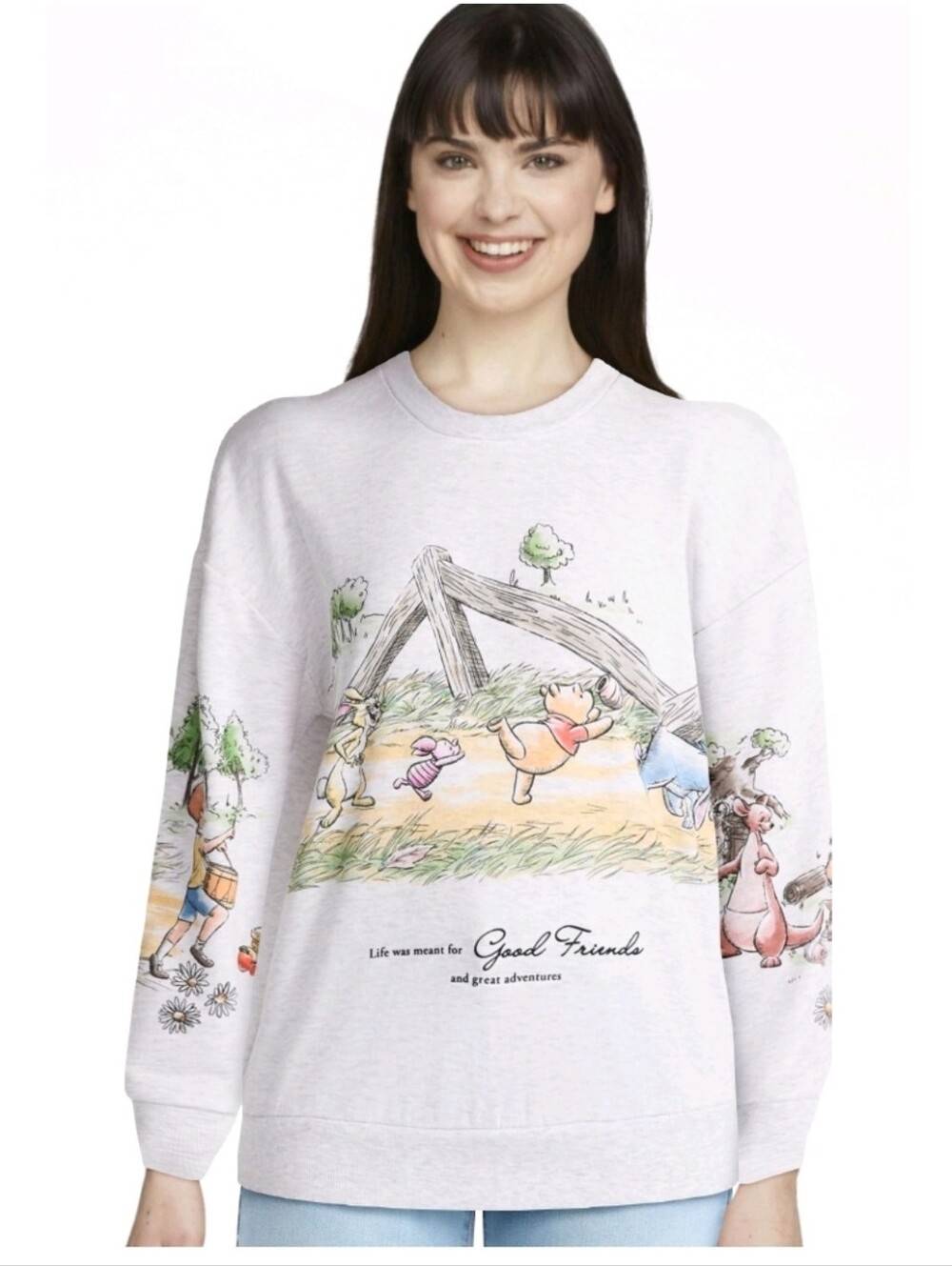 Disney Women's Winnie the Pooh Graphic Crew Sweatshirt Long Sleeves Gray Size S